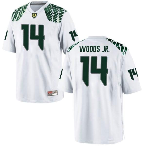 Oregon Ducks Men's #14 Haki Woods Jr. Football College Replica White Jersey VFD80O7I