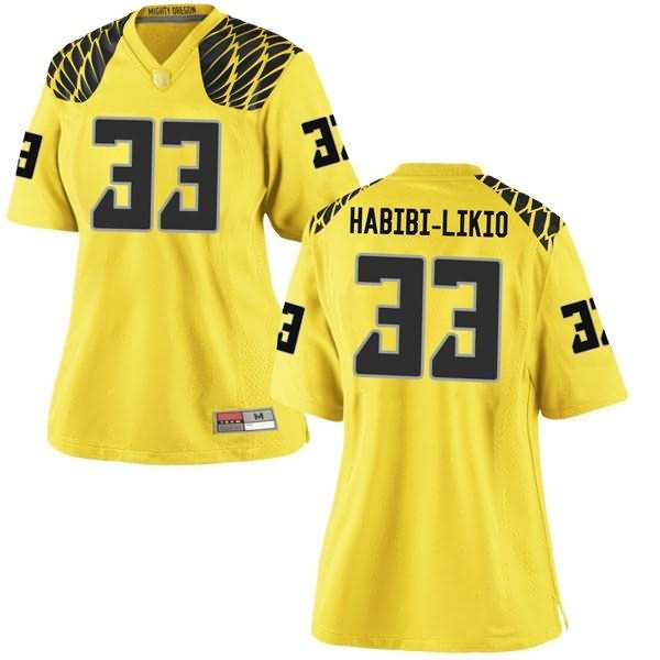 Oregon Ducks Women's #33 Cyrus Habibi-Likio Football College Replica Gold Jersey LQT56O2Q