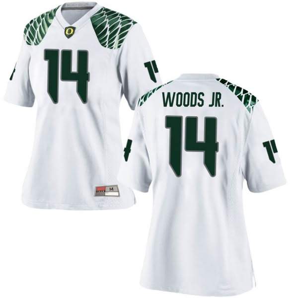 Oregon Ducks Women's #14 Haki Woods Jr. Football College Game White Jersey XPG03O3X