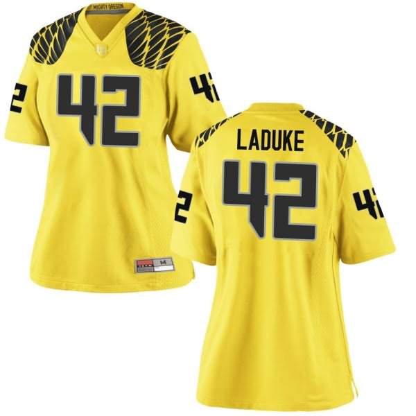 Oregon Ducks Women's #42 Jackson LaDuke Football College Game Gold Jersey TSQ05O4X