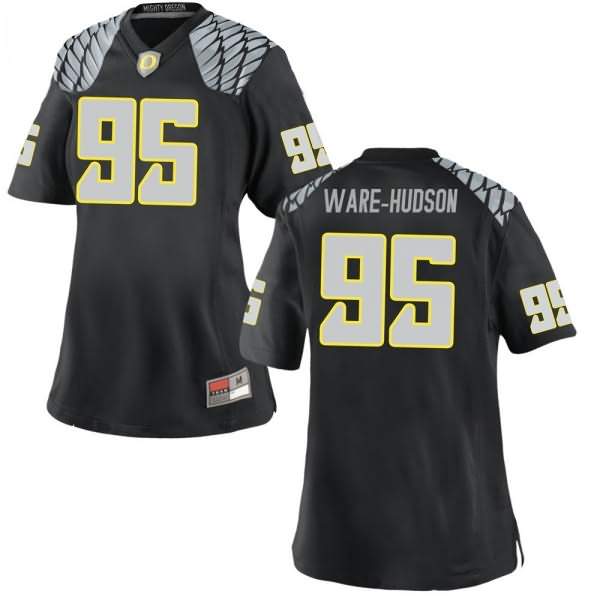 Oregon Ducks Women's #95 Keyon Ware-Hudson Football College Game Black Jersey EXY26O8P