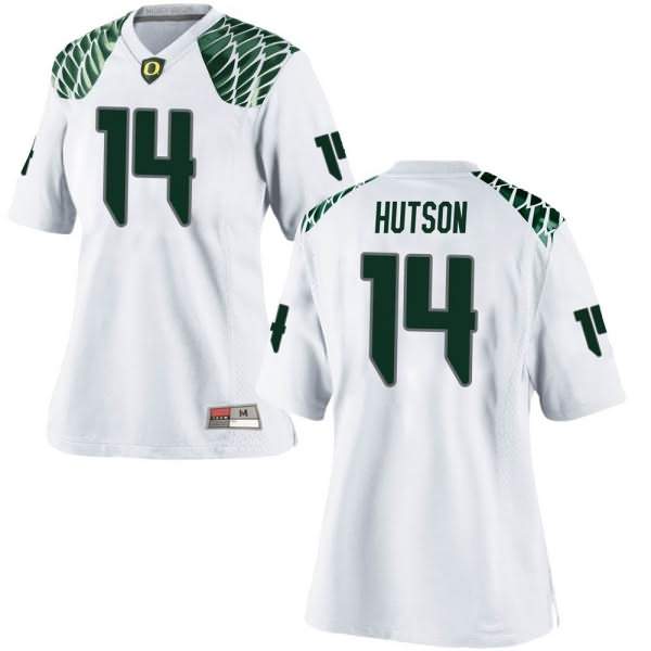 Oregon Ducks Women's #14 Kris Hutson Football College Replica White Jersey BHF00O7W