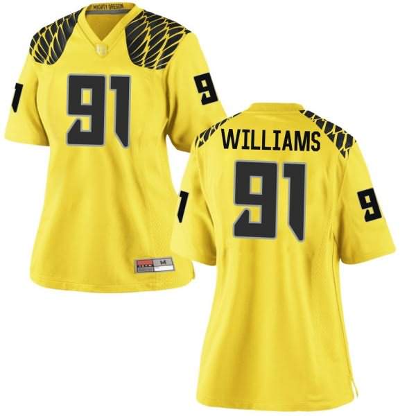 Oregon Ducks Women's #91 Kristian Williams Football College Game Gold Jersey GDB58O5S